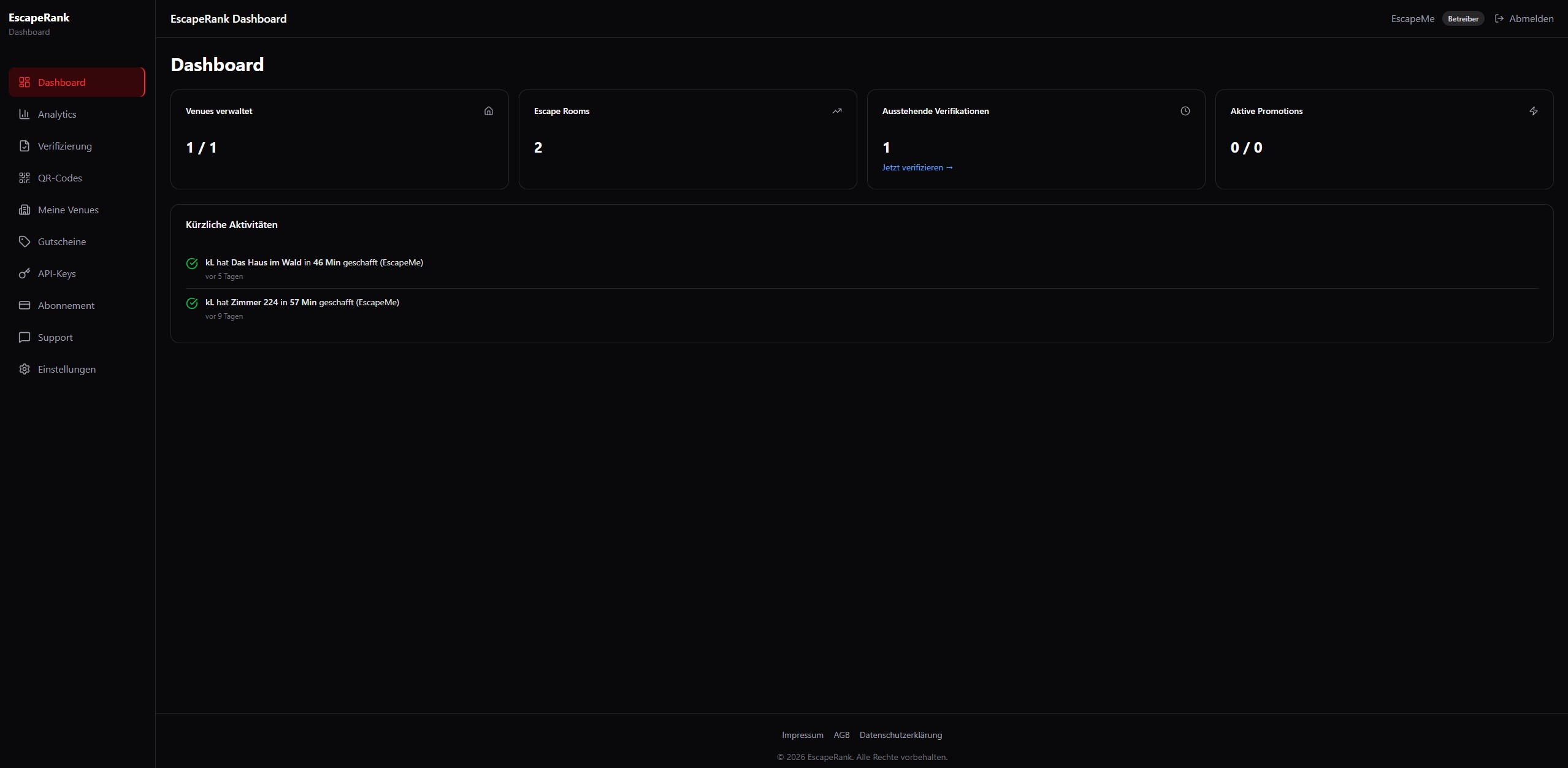 EscapeRank Betreiber Dashboard